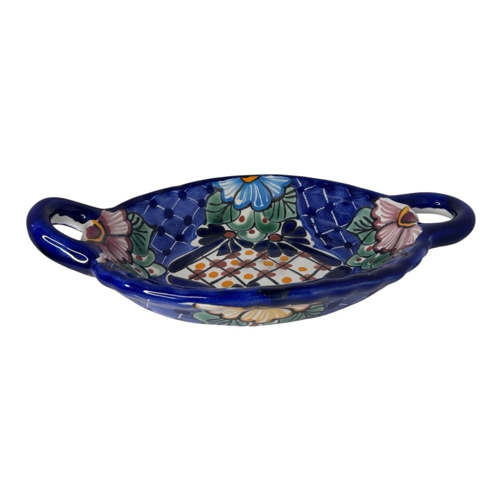 Talavera Mexican Pottery Oval Serving Dish Blue Floral Hand Painted Lead Free